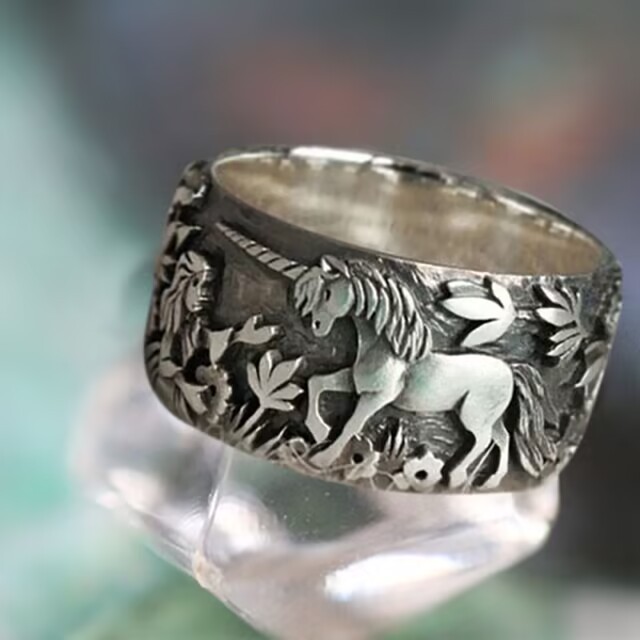 Vintage Einhorn Blumenring Für Damen Und Herren Silber Schmuck_voghion.com
