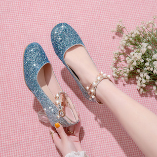Girls' Rhinestone Sweet Princess Shoes Children's Shoes Leather Shoes Crystal Shoes Women's Baby's Western-style Performance Host High-heeled Single-layer Shoes