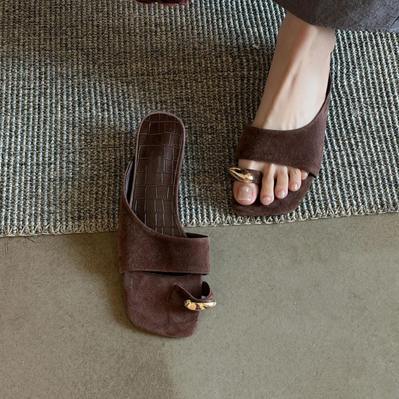 Sheepskin Version~High-End and Elegant Square-Toe Metal Buckle Slip-On Slippers for Women, Simple Suede Niche Sandals Sheepskin Version~High-End and Elegant Square-Toe Metal Buckle Slip-On Slippers for Women, Simple Suede Niche Sandals