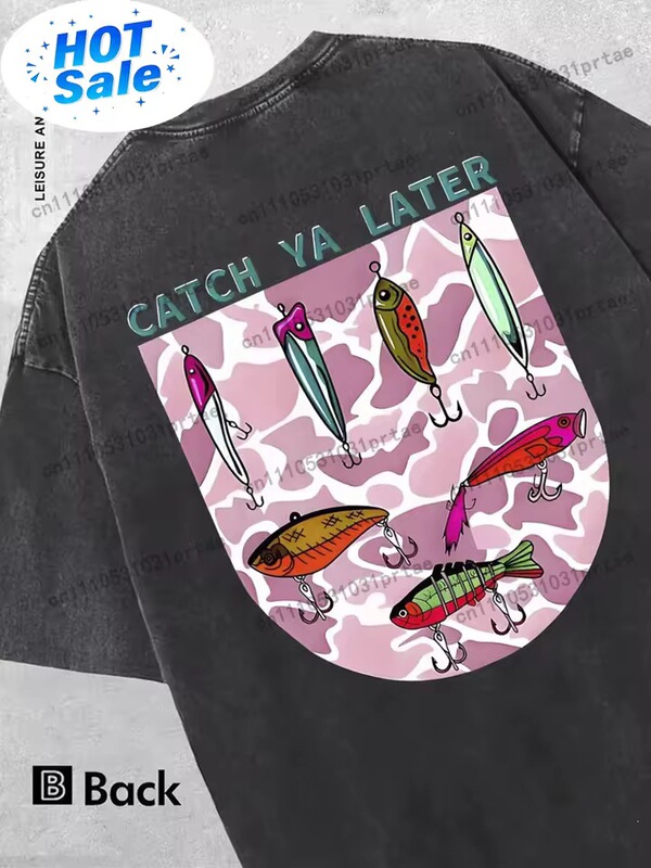 【Cross-Border Washed Style】Men's Fishing Graphic T-Shirt - Heavyweight Washed Cotton T-Shirt with Bold "Grab It" Design