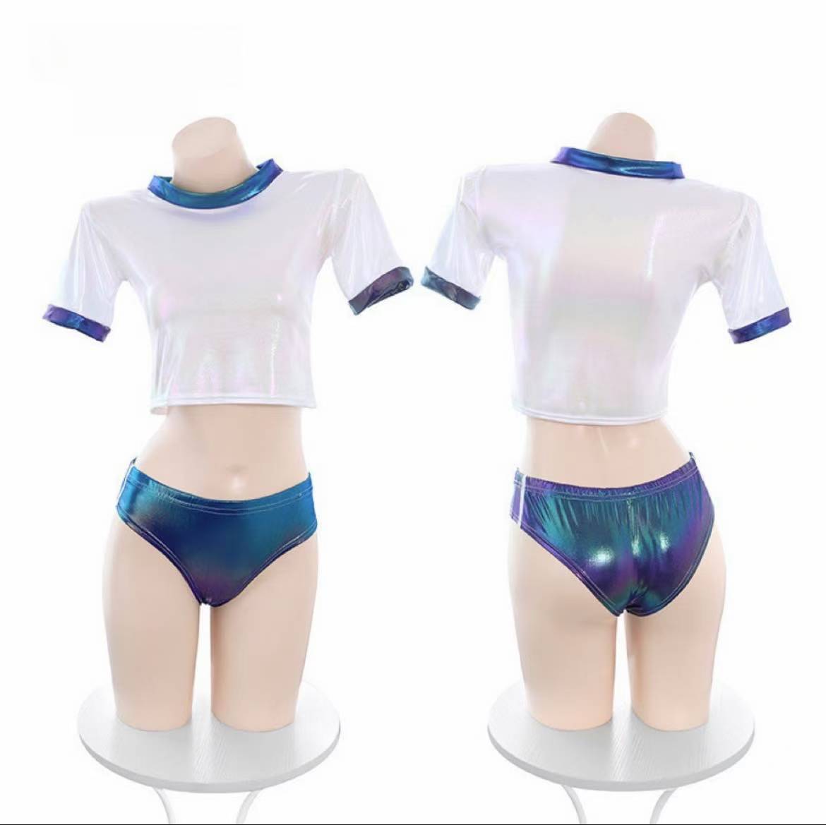Japanese-Style Schoolgirl Roleplay Lingerie Set with Laser-Effect Top, Shorts and Thigh-High Stockings — detail image 10