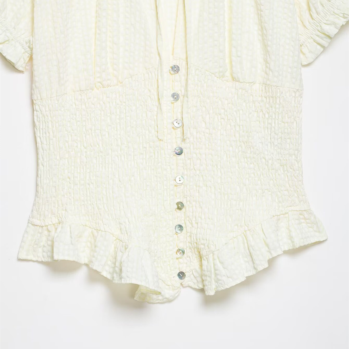 Women's Sweet Bow Detail Short Sleeve Blouse, Flattering Bubble Sleeve Top With Lace Trim, Spring Essential In Beige, Brown, Pink, Light Blue, Navy_ecoleips.com