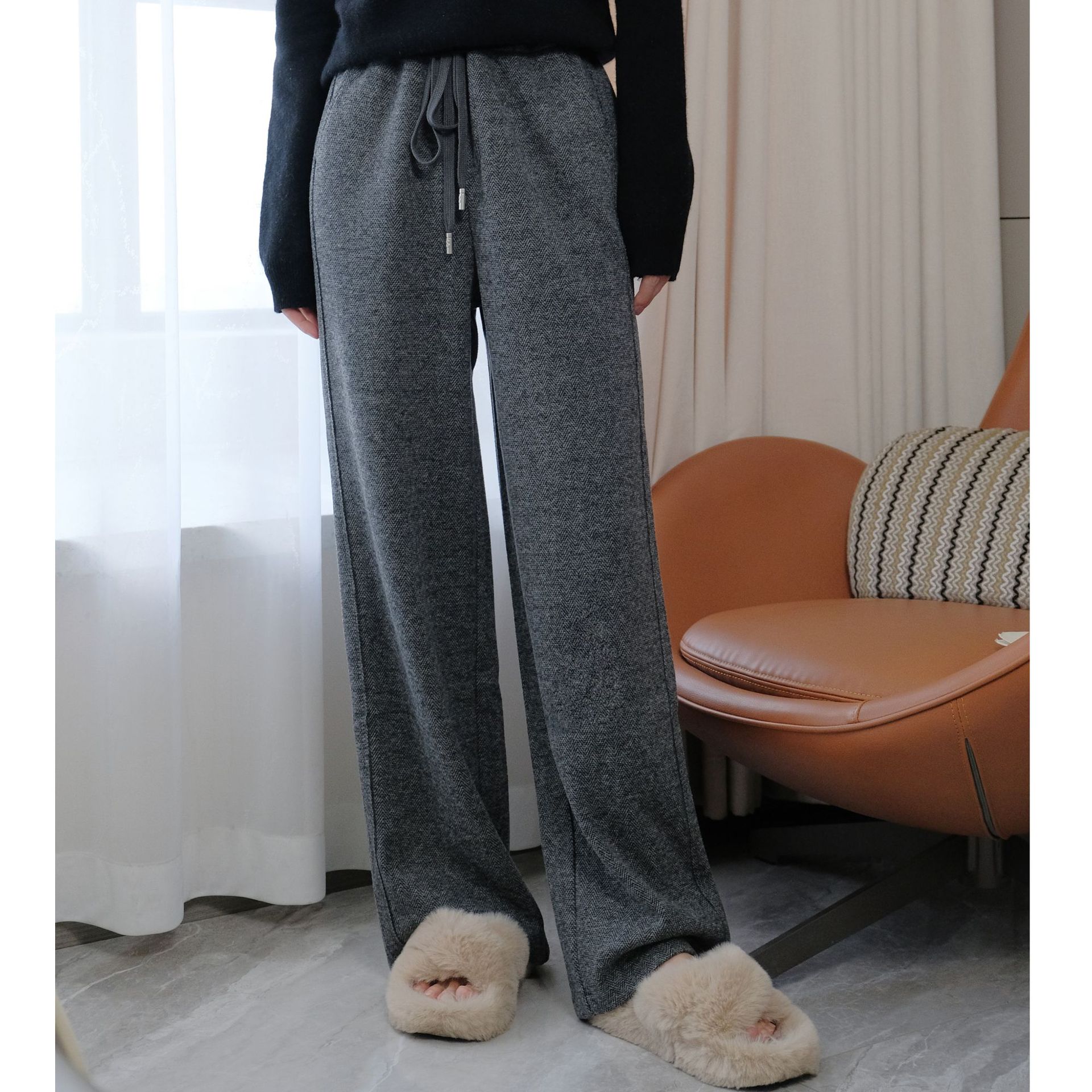 Stylish Commuter!Retro Herringbone Paige Easy Straight Show thin Drape Woolen leisure time Wide leg pants