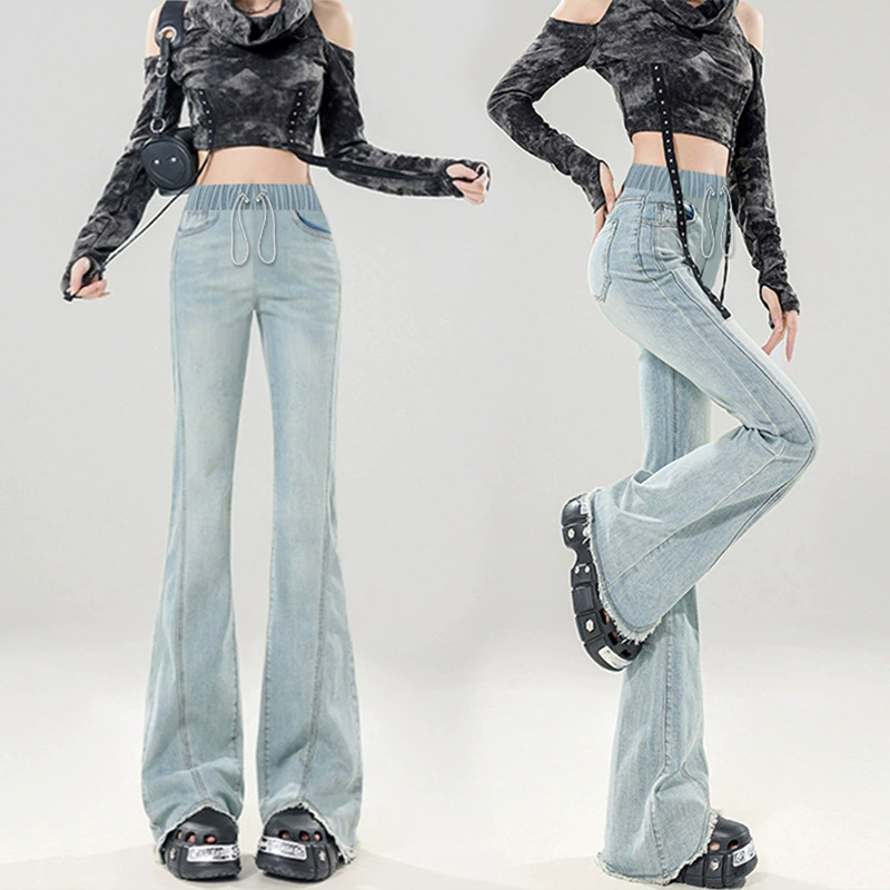 Elastic flared trousers, jeans with belly support, new collection, drawstring