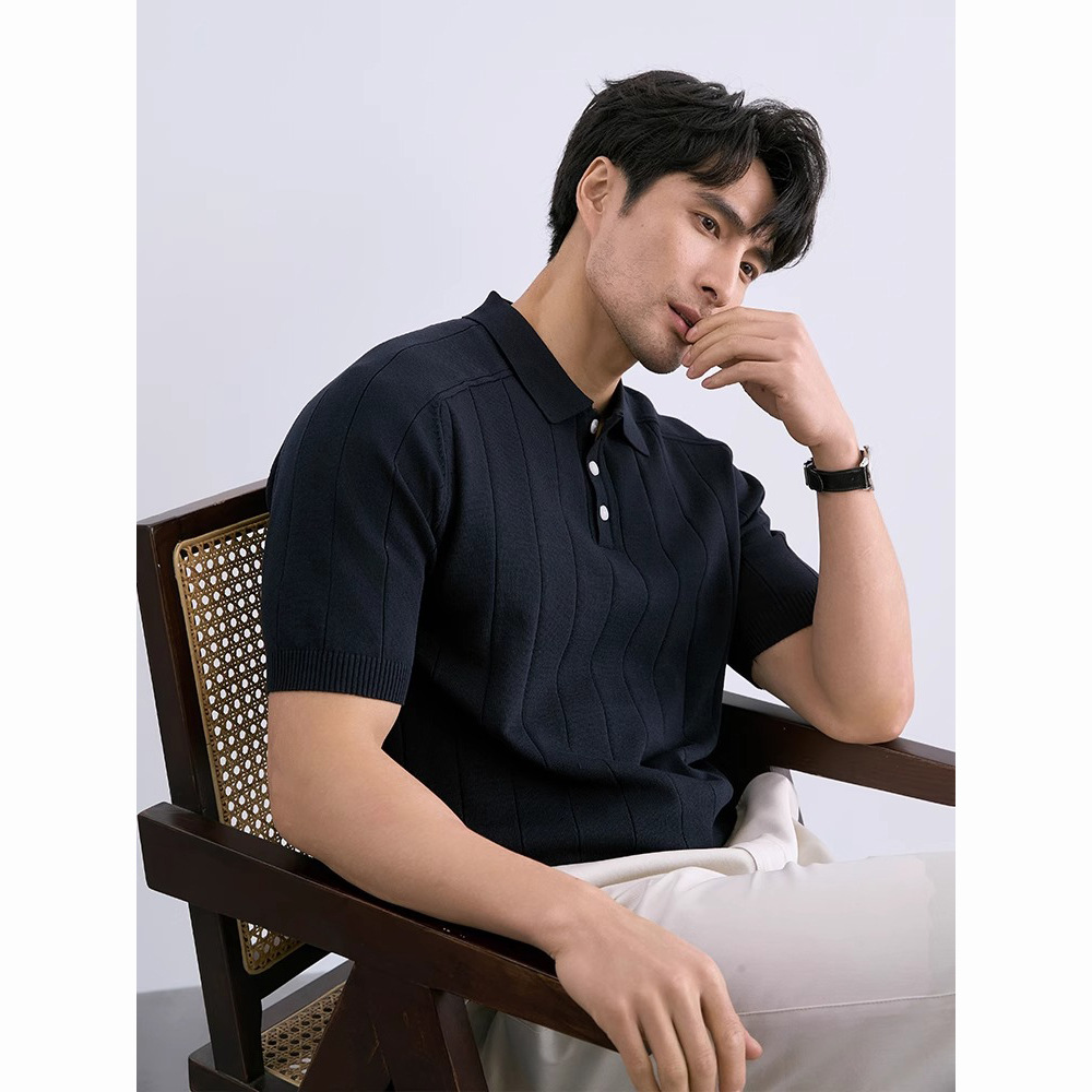 Verano nuevo suéter de punto de seda de hielo de manga corta camisa POLO para hombre camiseta de negocios delgada a rayas comercio exterior al por mayor transfronterizo image 3