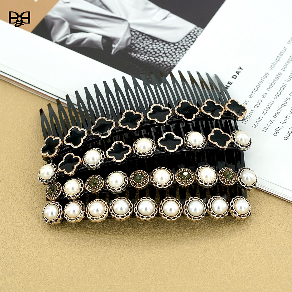 French vintage side-swept fringe hair comb, high-end hair accessory, pearl headpiece, crystal hair clip, Chanel-style hair pin