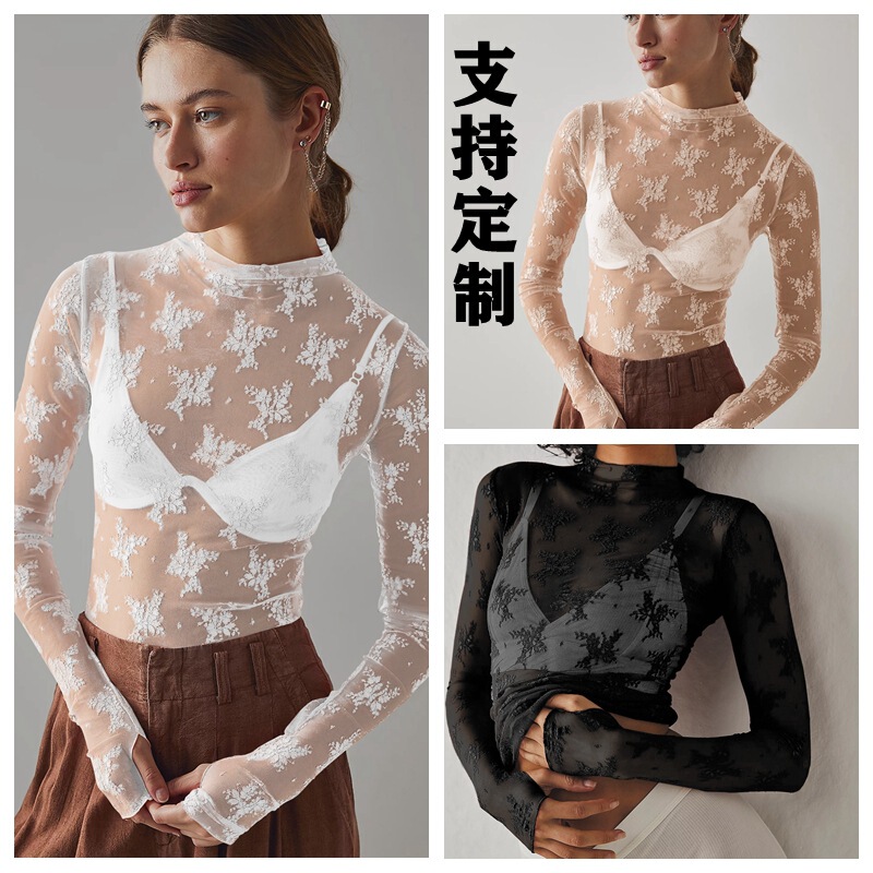 Independent Station Amazon New Lace Top Sexy Hollow Shirt Women's Casual Inner Long Sleeve Mesh Base Shirt