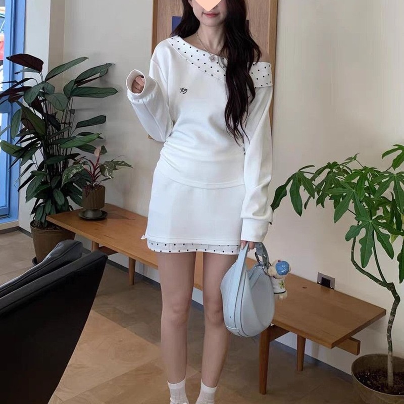 一字肩斜肩波点卫衣长袖恤上衣女早秋季新款高腰显瘦半身裙套装|undefined
