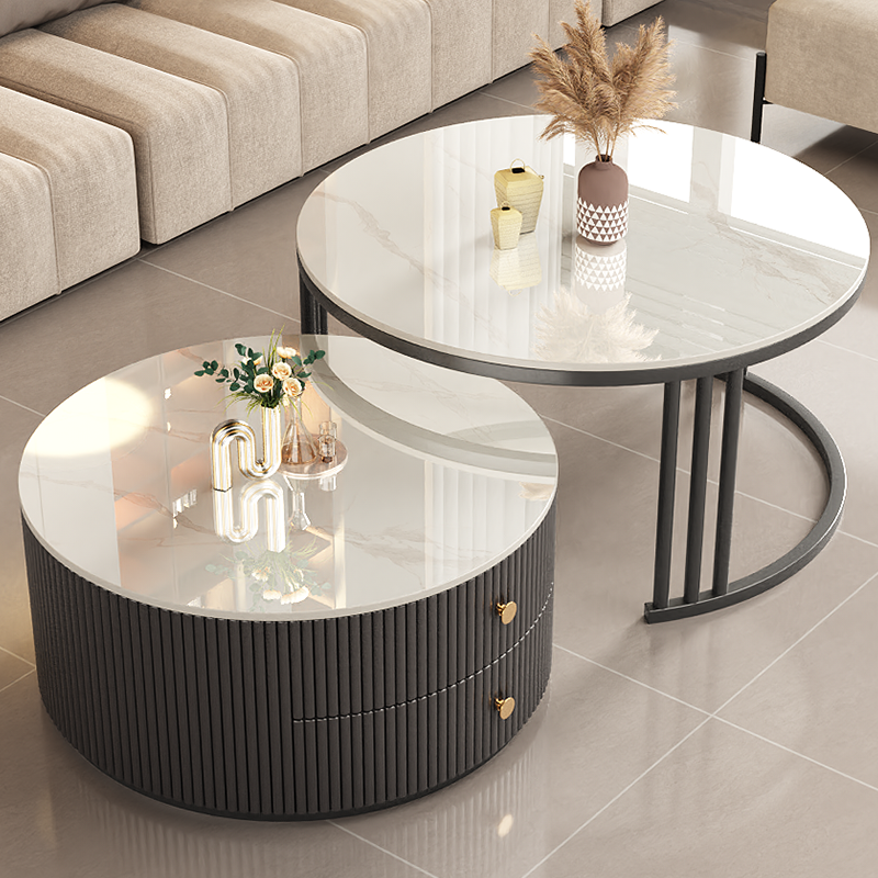 Slate Coffee Table Living Room Home 2025 New Small Apartment Light Luxury Simple Round Glass Tea Table Combination
