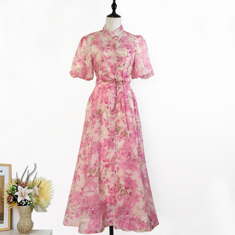 Đầm maxi nữ thắt eo cổ đứng tay lồng đèn đính đá phong cách Pháp — Màu trơn xanh lam, Màu trơn trắng, Hoa xanh da trời, Hoa hồng đậm chi tiết 41