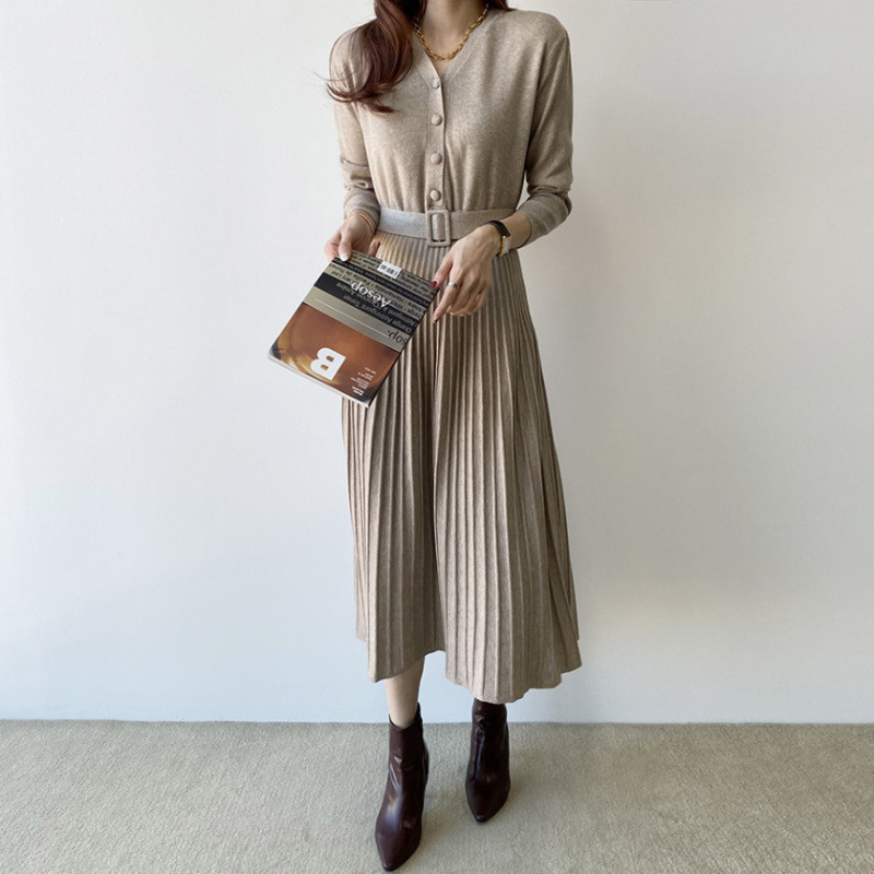 现货 韩国 秋冬新品百搭针织领收腰大摆长款连衣裙 女2025|undefined