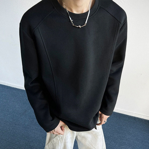 2026 New American Style Capless Crew Neck Sweatshirt for Men - Autumn Striped Deconstruction Design Men's Long-Sleeve T-Shirt Base Shirt