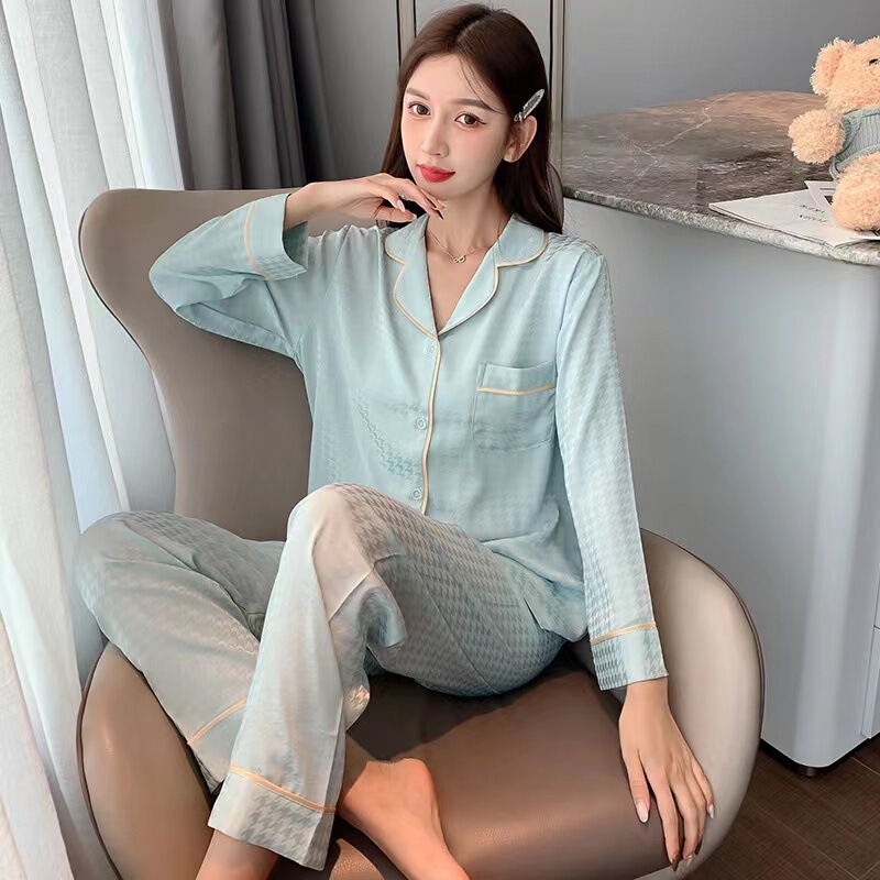 パジャマ女性春秋タイプの氷糸長袖ジャカード千鳥格家庭服夏の薄いエアコン服セット工場|undefined