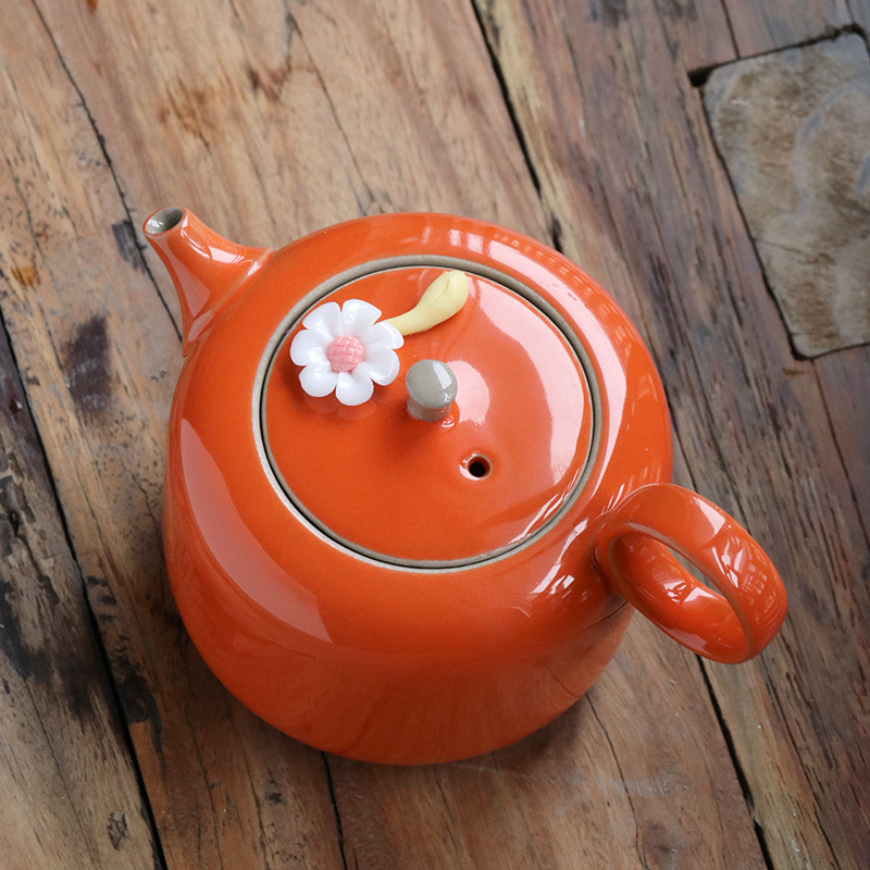 Stoneware Lubao Glazed Orange Chinese Style Handmade Pinch Flower Creative Teapot Ceramic Exquisite Tea Maker Solid Color Tea Set Kettle