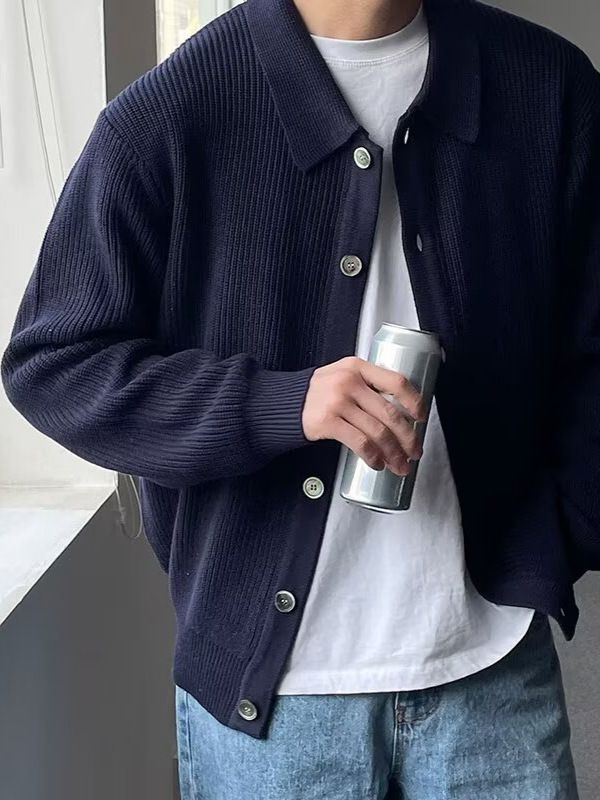 翻领针织衫男春秋新款休闲百搭宽松美式复古潮流开衫长袖毛衣外套|undefined