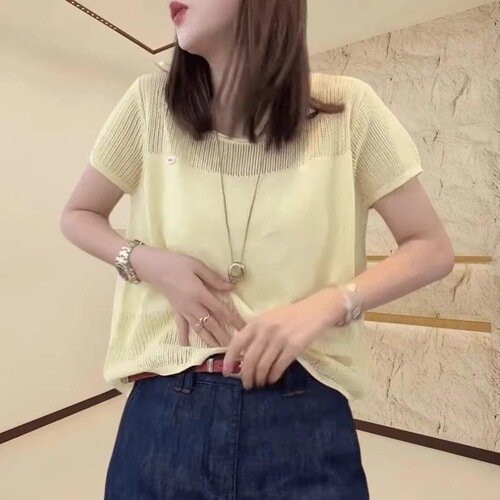 Ice silk thin hollow sweater knitted short-sleeved women's 2025 new summer loose unique beautiful gray top