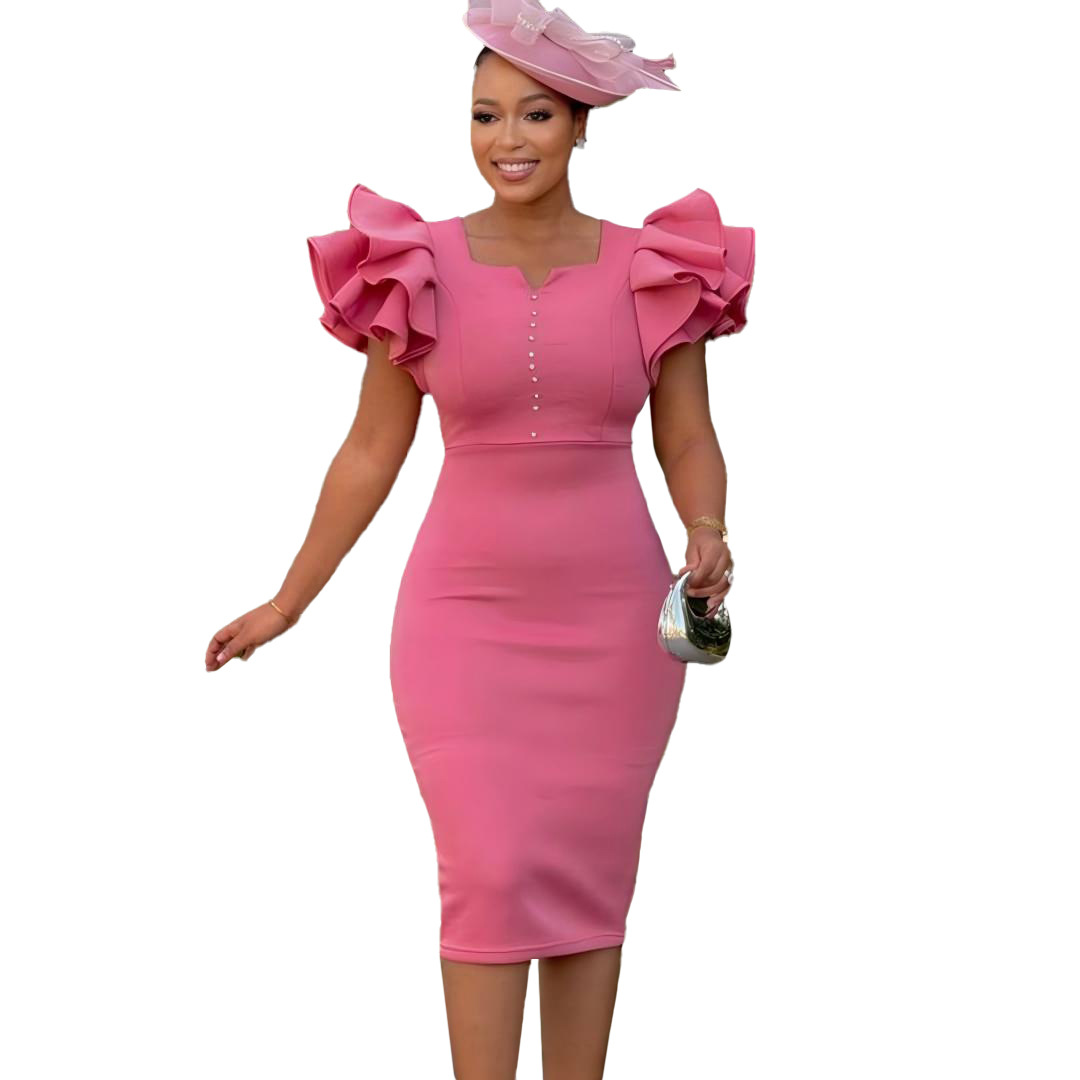 Wholesale Women's Elegant Simple Style Ruffles Solid Color Casual Family Gathering Street V Neck Short Sleeve Hip Skirt display picture 6