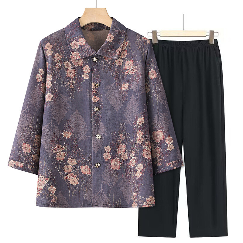 Grandma's Summer Thin Clothing, Spring and Autumn Wear, Middle-Aged and Elderly Women's Shirts, Clothing for 70-Year-Old Seniors, Mom's Three-Quarter Sleeve Set