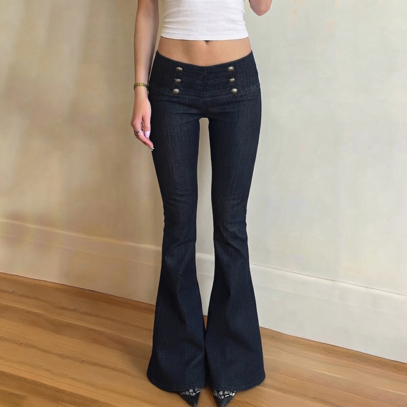 Y2K retro low-waist Napoleon button-front plain denim flared pants, elegant, fashionable, classic, and versatile long pants Y2K retro low-waist Napoleon button-front plain denim flared pants, elegant, fashionable, classic, and versatile long pants