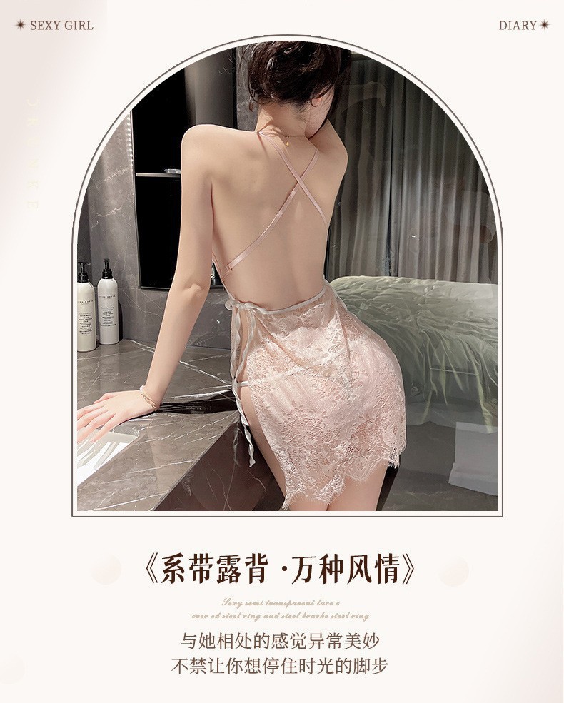 Women’s Sheer Lace Nightdress with Fishnet Stockings, Backless Babydoll in Wine Red, One Size — detail image 14