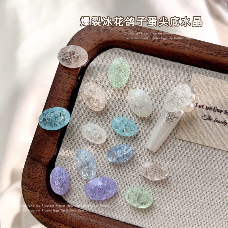 여름용 고품질 K9 투명 바닥 크러쉬드 아이스 플라워 네일아트 장식품, 고투명 반짝이 뾰족한 바닥 타원형 크러쉬드 패턴 네일아트 다이아몬드 도매