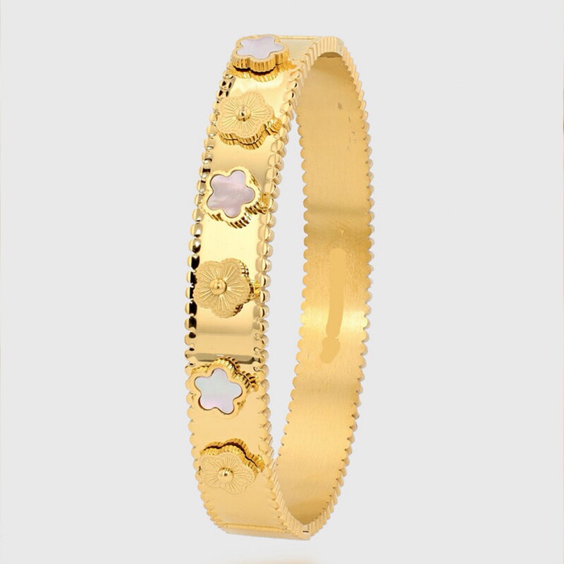 Fashion Colorful Five Flower Design Women's Wide Cuff Titanium Steel Golden Light Luxury Bracelet Bestie Premium Gift Women