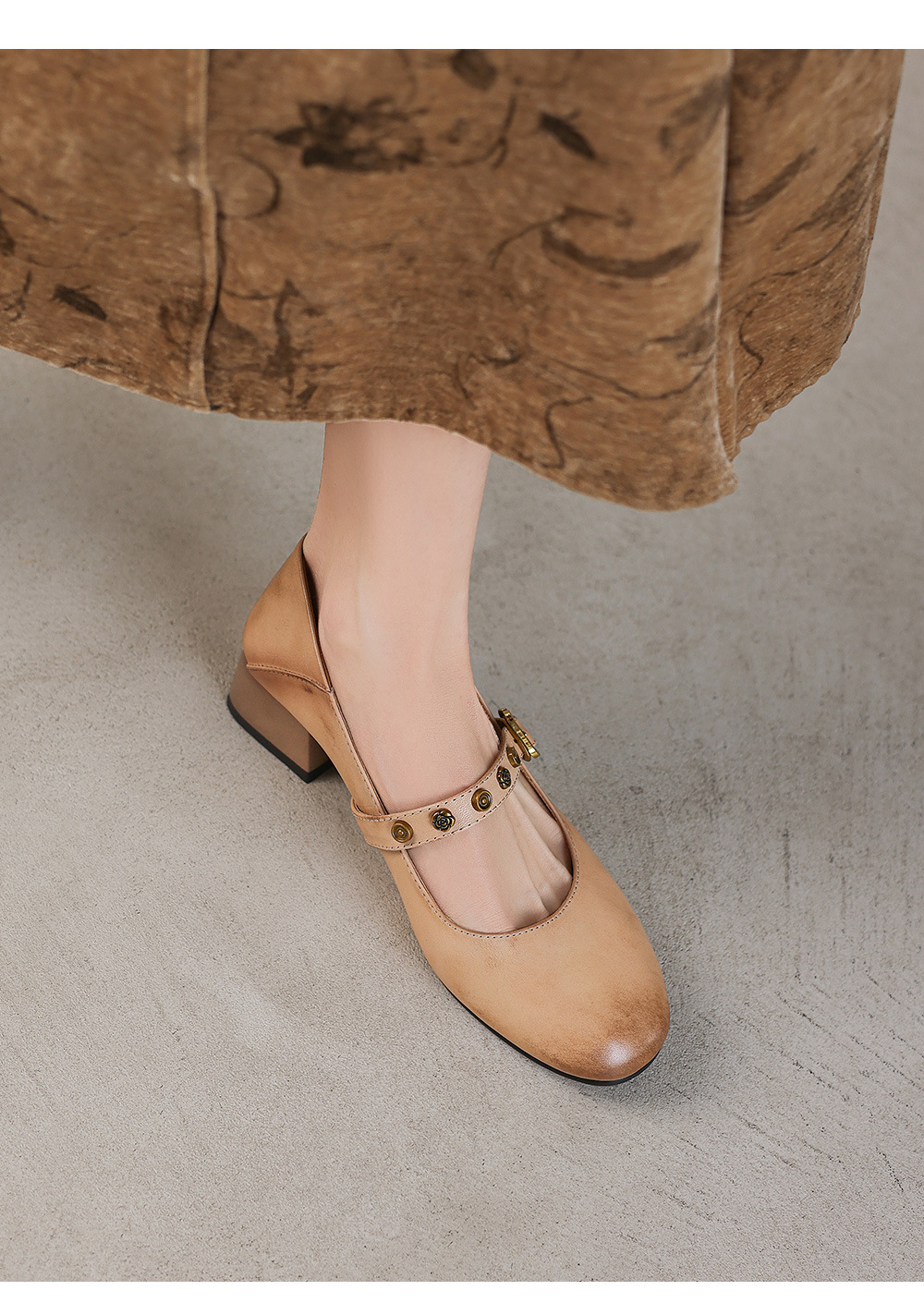 Giày Mary Jane nữ quai ngang khóa đinh tán, gót thô 4 cm, mũi tròn kiểu ballet — đen chi tiết 11