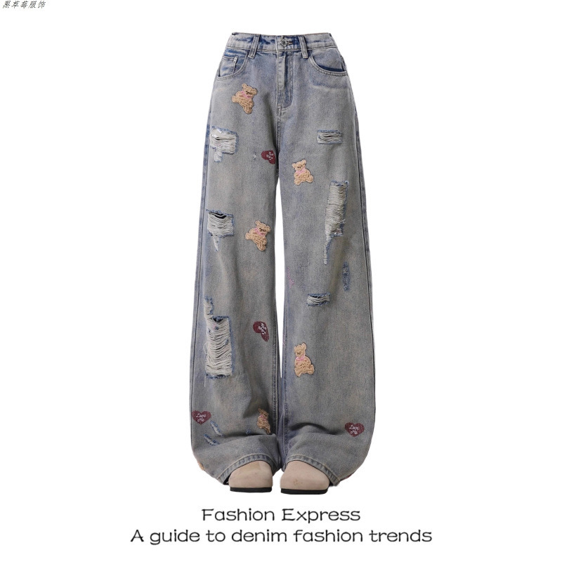 女性用ライトブルーベア刺繍ジーンズ春と秋の新しいアメリカンレトロホットガールリッピングローエッジデザインストレートパンツトレンディ|undefined
