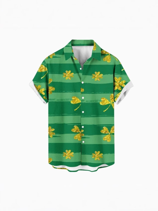 Cross-Border New Export Model Clover Lapel Casual 3D Digital Printing Short-Sleeved Shirt Hawaiian T-Shirt Floral