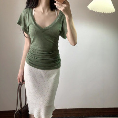 原版面料美式辣妹绿色V领正肩短袖T恤女夏修身显瘦收腰蝙蝠袖上衣
