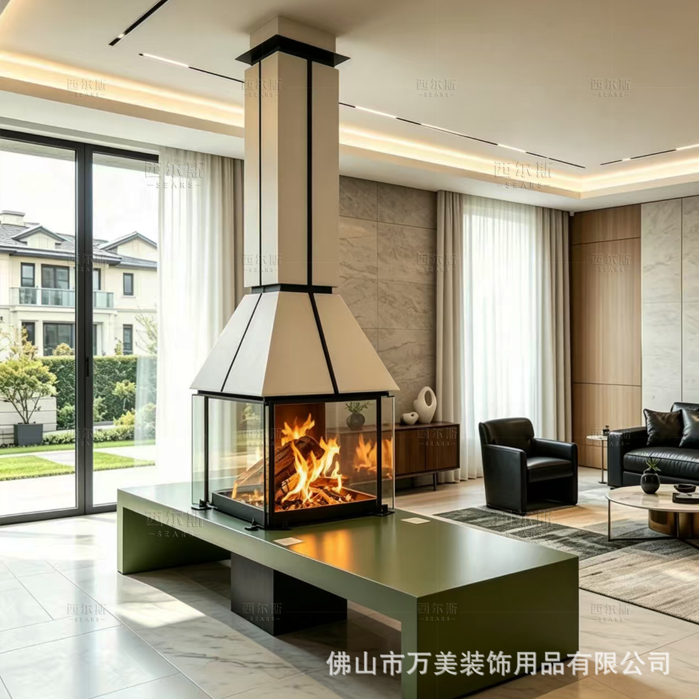 Four-sided fireplace with a square hanging design, featuring a conical top and a shell-like structure, suitable for a duplex living room or club, with a suspended design for viewing the real fire