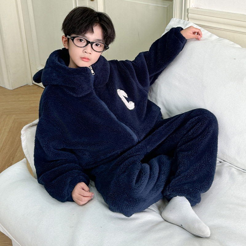 Boys' Hooded Home Clothes, Thickeneded Autumn and Winter Flannel Pajamas, Medium and Large Children's Casual and Fashionable Korean Style Outer Wear Suits