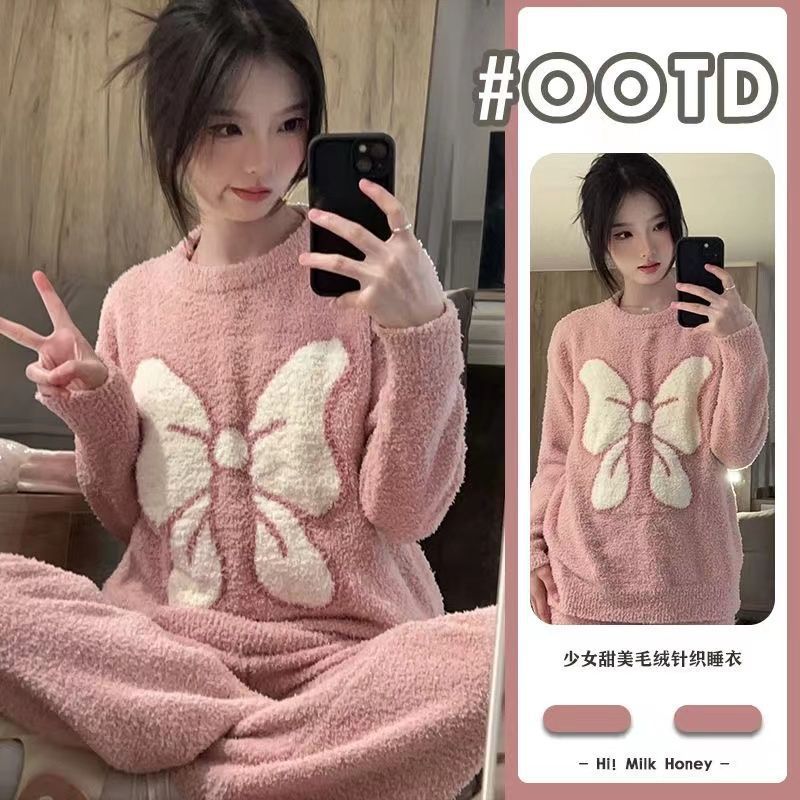 Al por mayor transfronterizo nuevo pijama de mujer otoño invierno engrosado con terciopelo dulce lindo mitad terciopelo red explosión ropa de hogar cubierta