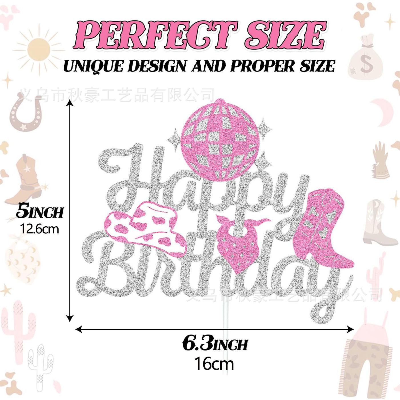 Decoración de fiesta de tarjetas de pastel feliz cumpleaños temático vaquero rosa decoración de pastel de cumpleaños 2024 ventas calientes transfronterizas