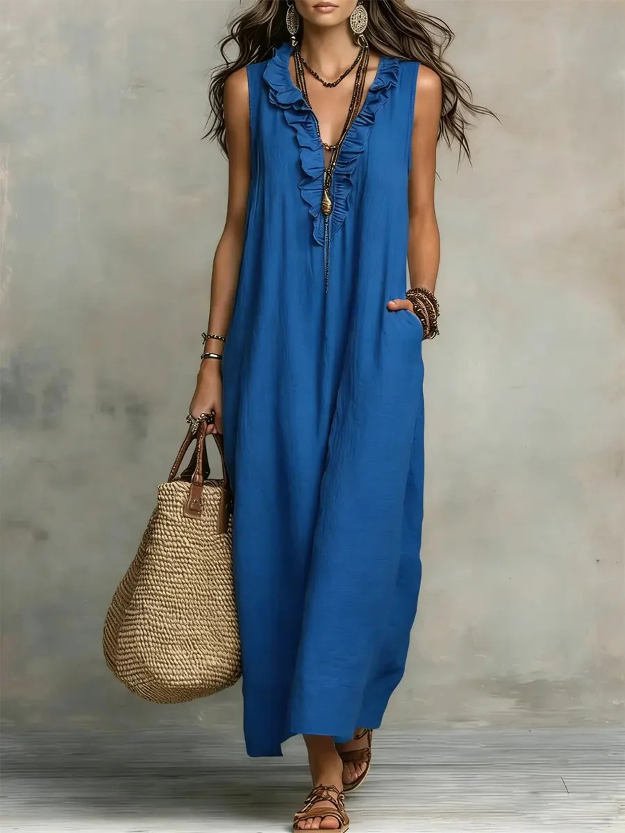 Women's V Neck Ruffled Cotton Linen Boho Maxi Dress – Breathable Casual Resort Gown With Tiered Details_ecoleips.com