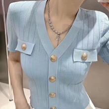 2025夏装新款小香风薄款V领针织开衫女短款修身显瘦短袖毛衣