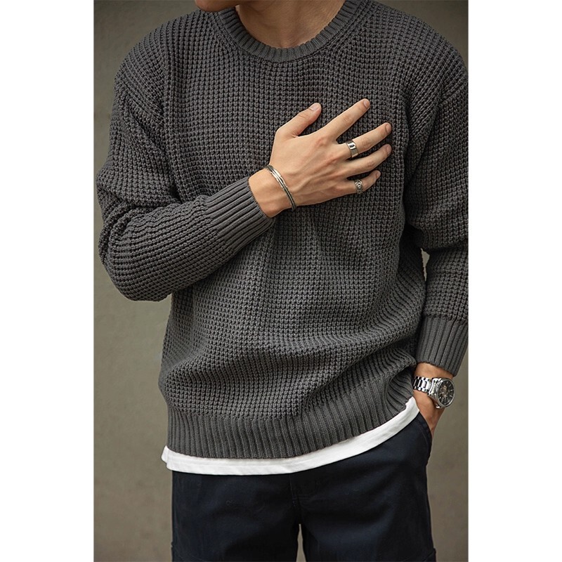 Gray Pineapple Pattern Thick Knitwear Japanese Style Retro Heavy Men's Round Neck Off-Shoulder Knitwear Large Size Loose Top