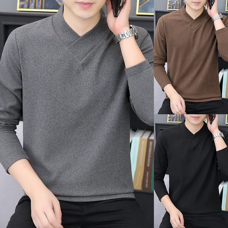 Double-sided fleece V-neck T-shirt for men, long-sleeved, autumn and winter, German fleece base layer, thickened and warm inner layer, foreign trade, cross-border wholesale.
