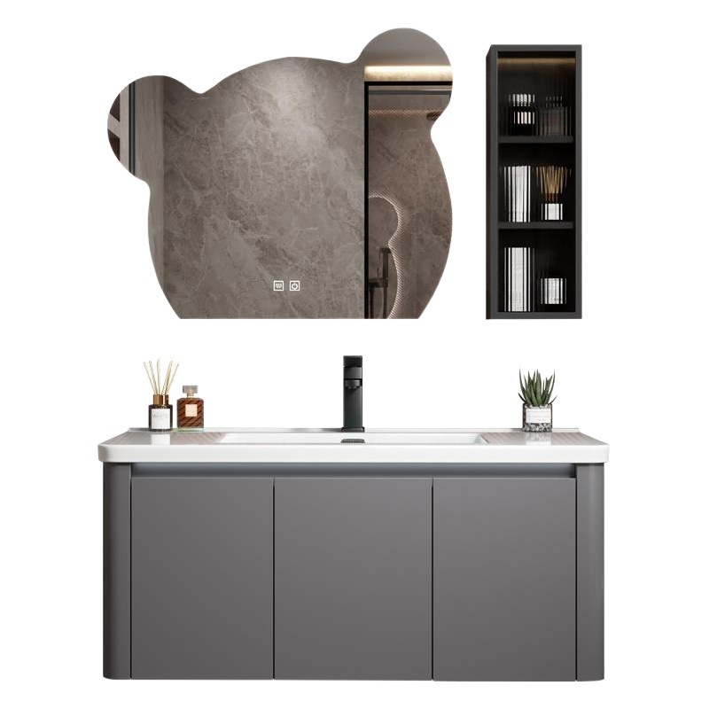 Moderno simple espacio de aluminio gabinete de baño combinación de baño redondeado lavabo de cerámica integrado lavabo mesa de lavado