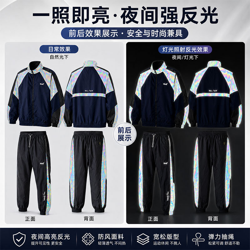 Night Running Reflective Jacket and Pants Two-Piece Set for Men and Women, Outdoor Sports Windproof Jacket Trendy Set Custom-Made