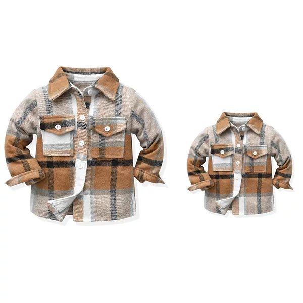 Autumn Plaid Lapel Long-Sleeved Brushed Jacket Family Wear Korean Style Single-Breasted Multi-Color Top Mother and Child Wear Export