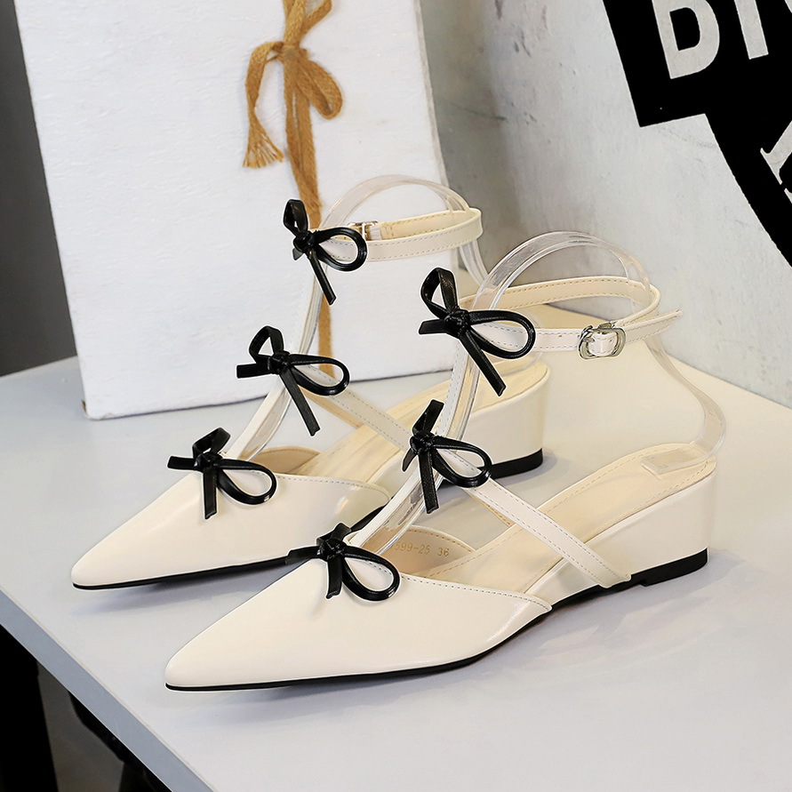 French Style Women's Pointed Toe Bowknot Wedge Heeled Slippers_voghion.com