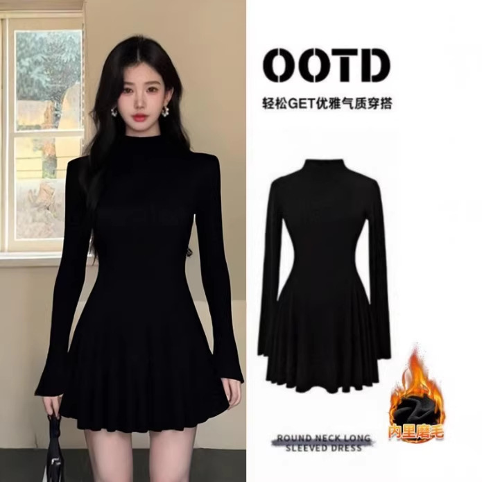 Black Turtleneck Knitted Dress for Women, Autumn and Winter 2025 New Short Style, Fleece-Lined and Thickened Base Layer Short Dress Black Turtleneck Knitted Dress for Women, Autumn and Winter 2025 New Short Style, Fleece-Lined and Thickened Base Layer Short Dress