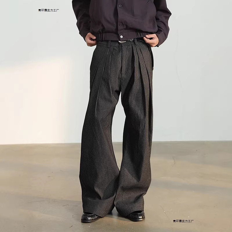 Men's New American Retro Style Three-Fold Striped Denim Pants, A-Line Curved Trousers with a Draping Effect, Wide-Leg Casual Pants