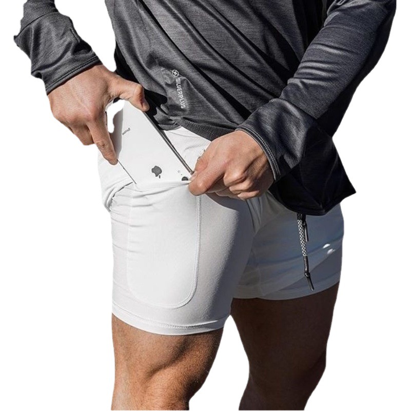 Pantalones cortos deportivos de doble capa para hombre, para correr, fitness, secado rápido, moda informal americana, color sólido, baloncesto, pantalones cortos de cinco puntos, moda para hombre