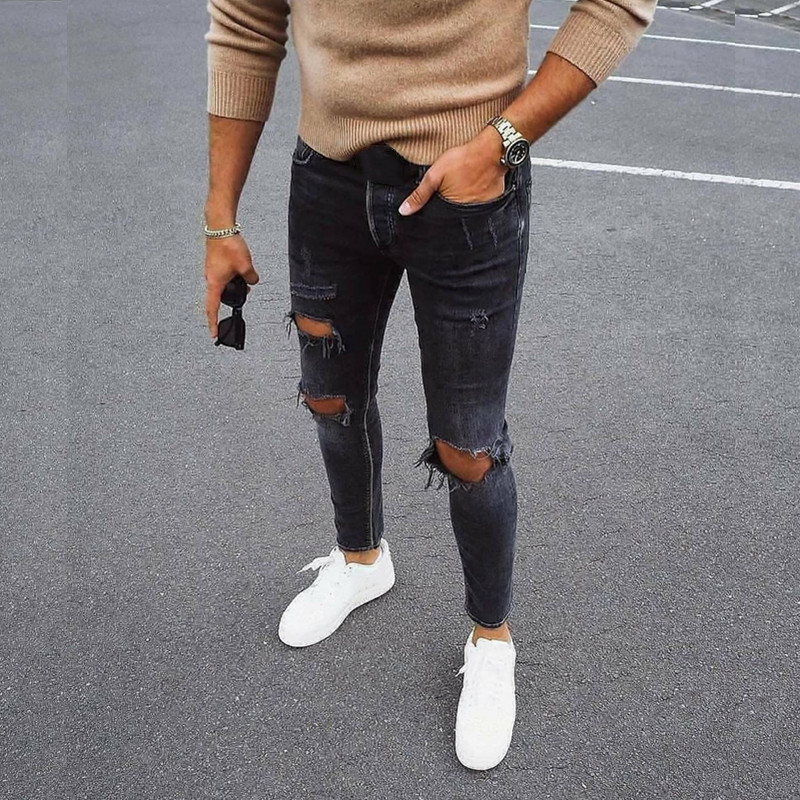 Men's stretch jeans trend Ripped knee skinny denim pants_voghion.com