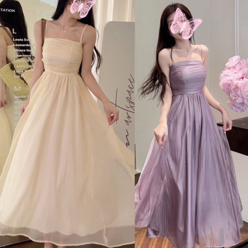 Diamond Chiffon + Lining + French-Style Fairy Spaghetti Strap Dress Summer Waist-Cinching Vacation Mesh Long Dress
