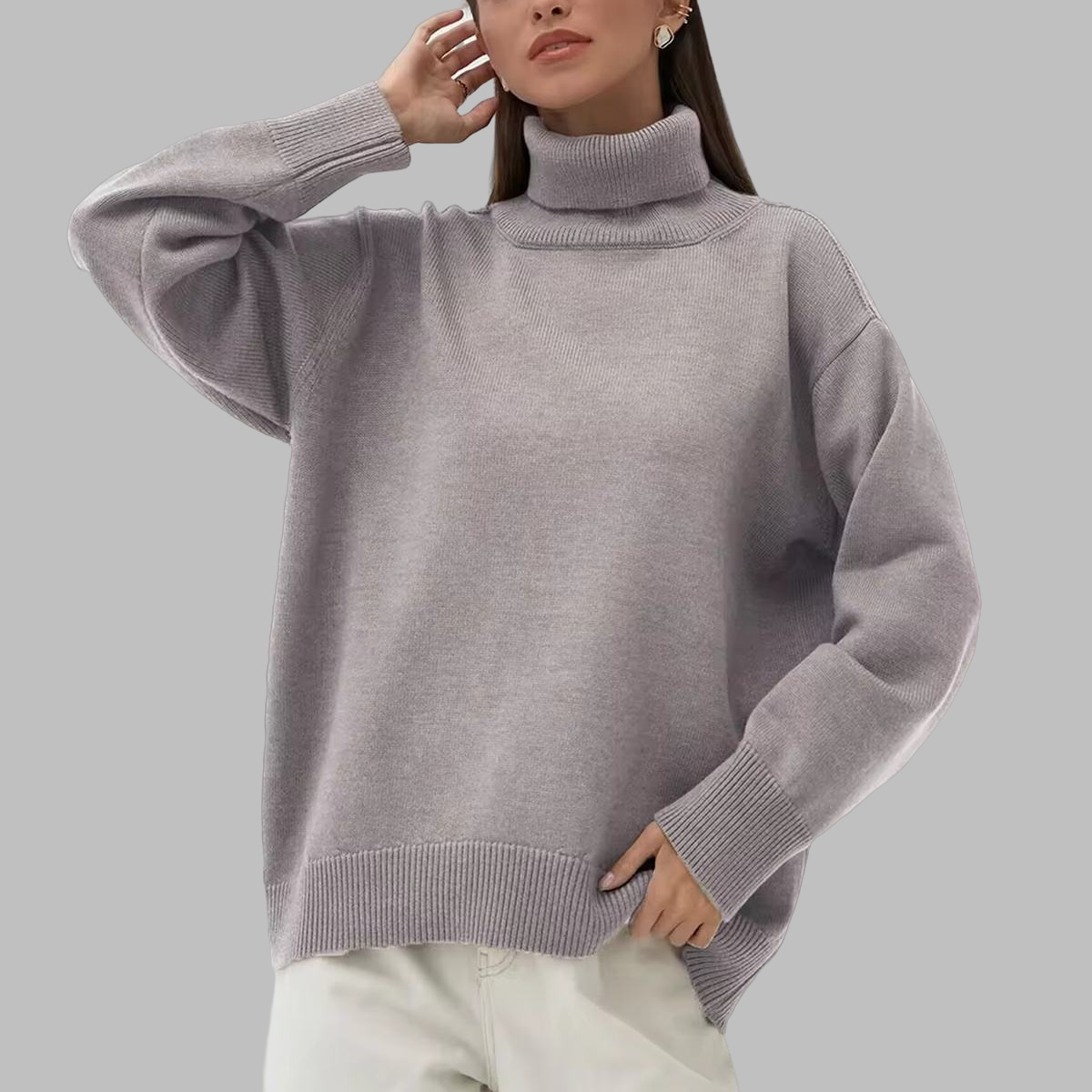 Comercio exterior transfronterizo de color sólido suéter de cuello alto mujeres Europa y América otoño y invierno suelto versátil clásico explosión camiseta de punto precio de fábrica al por mayor image 8