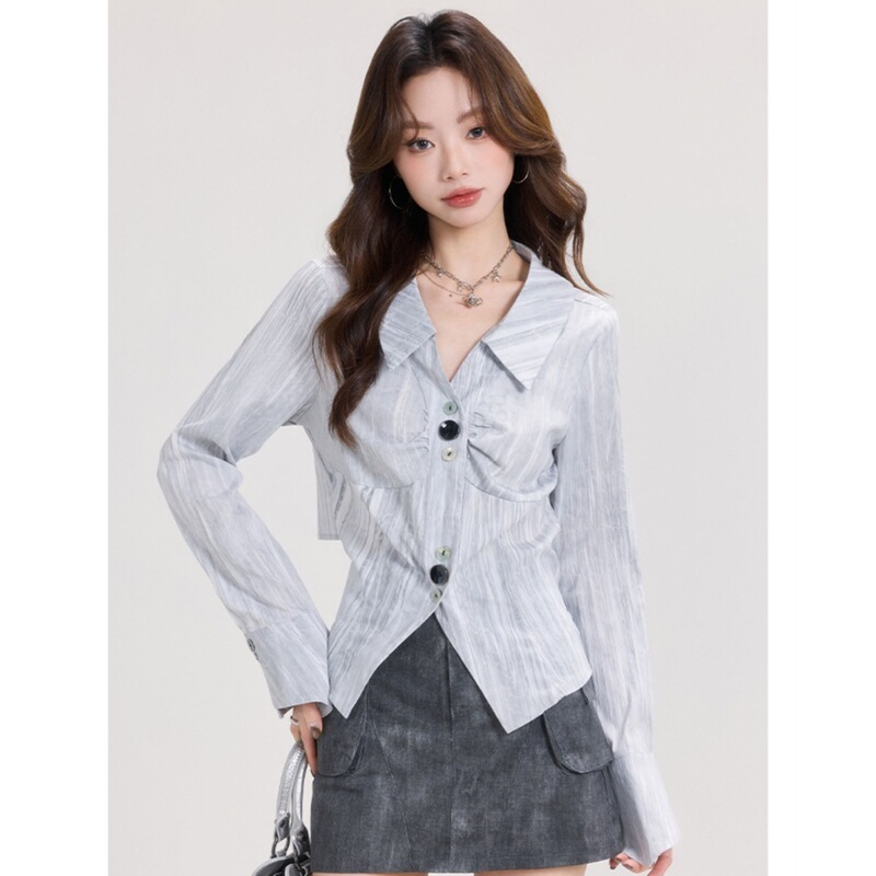 Meng Xiaoqi's Design Trumpet Sleeve Lapel Long-Sleeved Shirt for Women in Autum French Chic Shirt Work Clothing Top Slimming Look Meng Xiaoqi's Design Trumpet Sleeve Lapel Long-Sleeved Shirt for Women in Autum French Chic Shirt Work Clothing Top Slimming Look