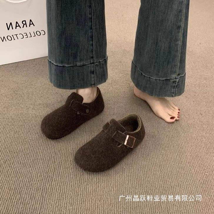 Retro Round-Toe Felt Fleece-Lined Birkenstock Shoes for Women, Fleece-Lined Autumn Four-Season Slip-On Warm Cotton Scoop Shoes, Woolen Loafers